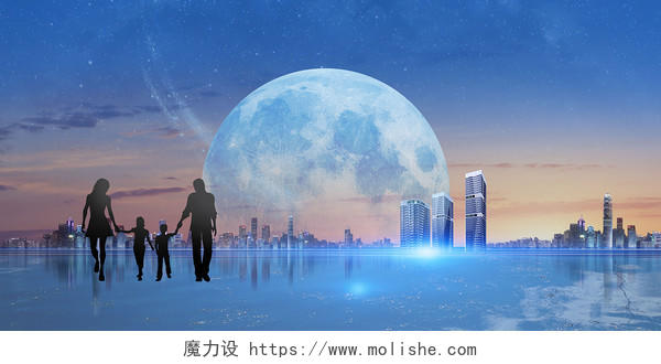 月亮展板背景蓝色一家人团圆月亮中秋节展板背景中秋节月亮背景
